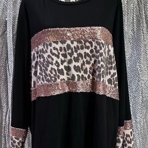 Boutique Black Leopard Print Sequin Top